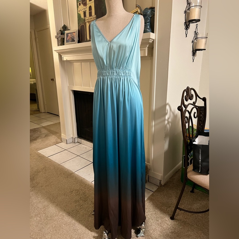 White House Black Market Blue and Brown Ruched Maxi Sundress